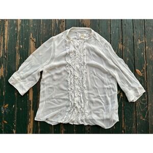 Maeve Anthropologie White Ruffle Front Blouse 3/4 Sleeve Button Down Top Large
